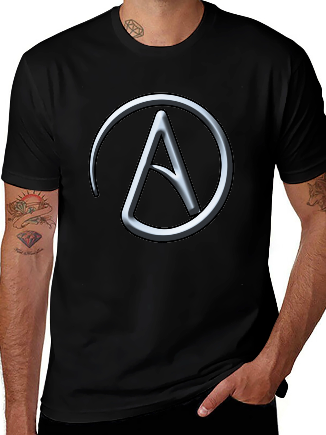 Silver Athiest Symbol on Black T-Shirt
