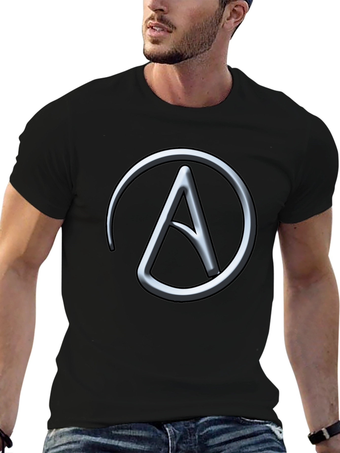 Silver Athiest Symbol on Black T-Shirt
