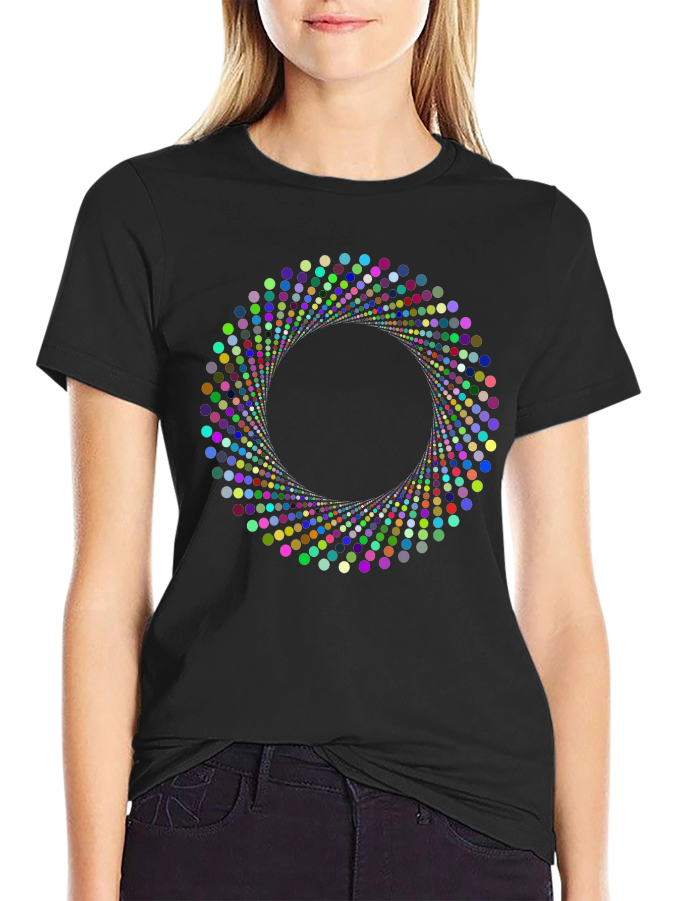Geometric Circle Dot Graphic Black T-Shirt