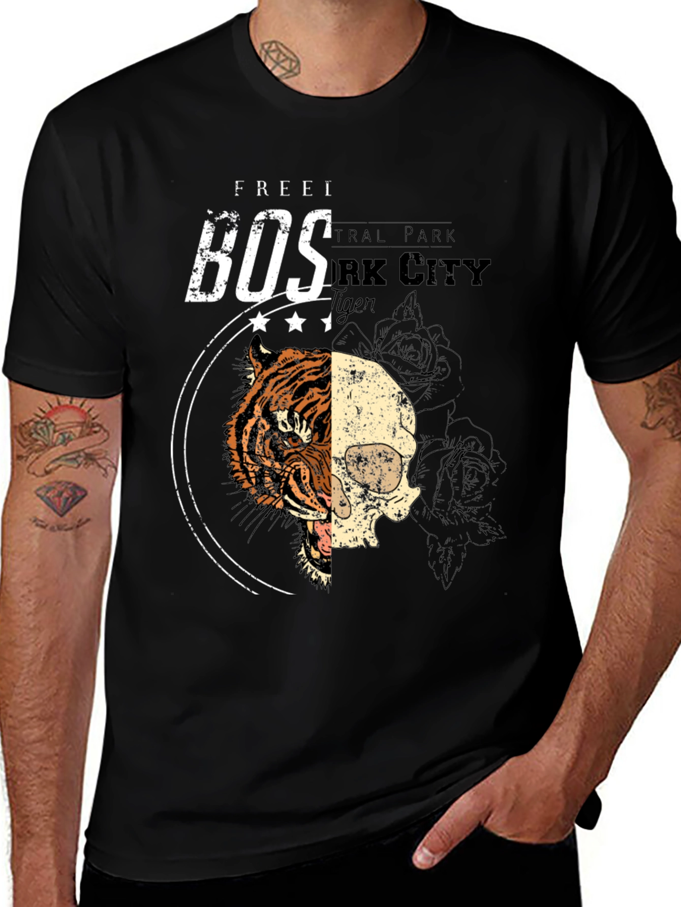 Tiger Skull Graphic Print Black T-Shirt