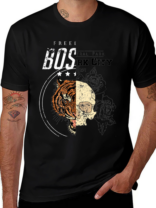 Tiger Skull Graphic Print Black T-Shirt