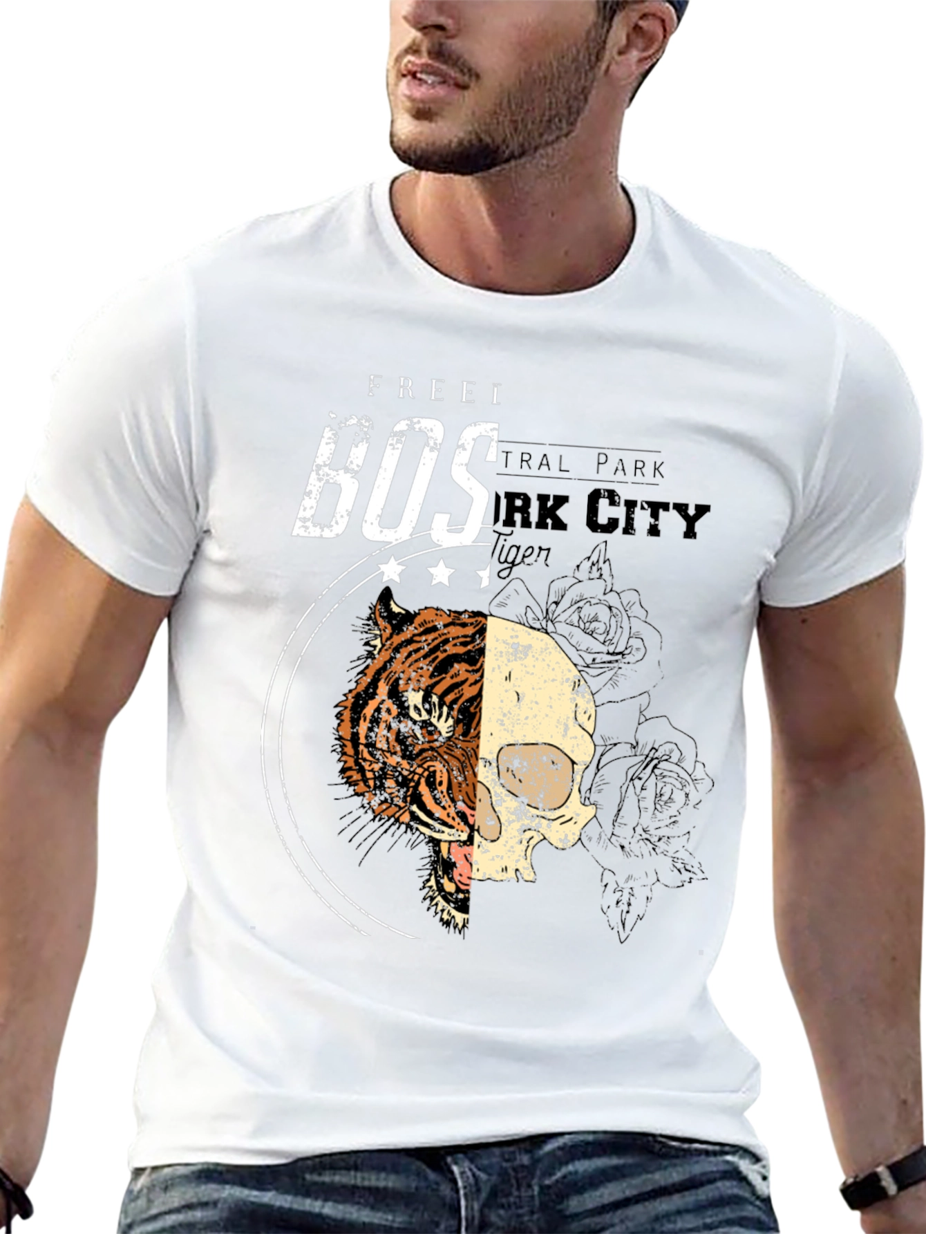 Tiger Skull Graphic Print Black T-Shirt