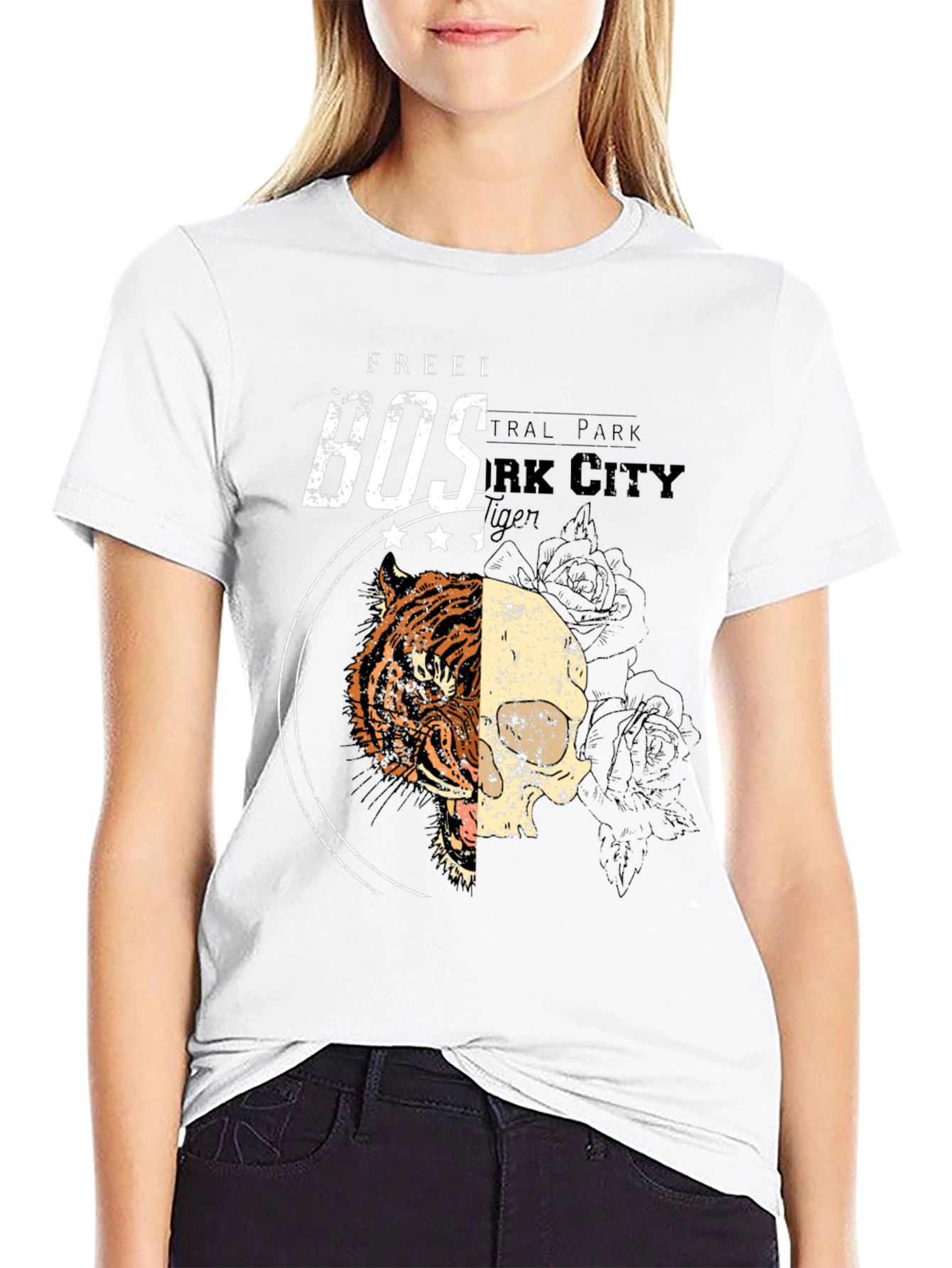 Tiger Skull Graphic Print Black T-Shirt