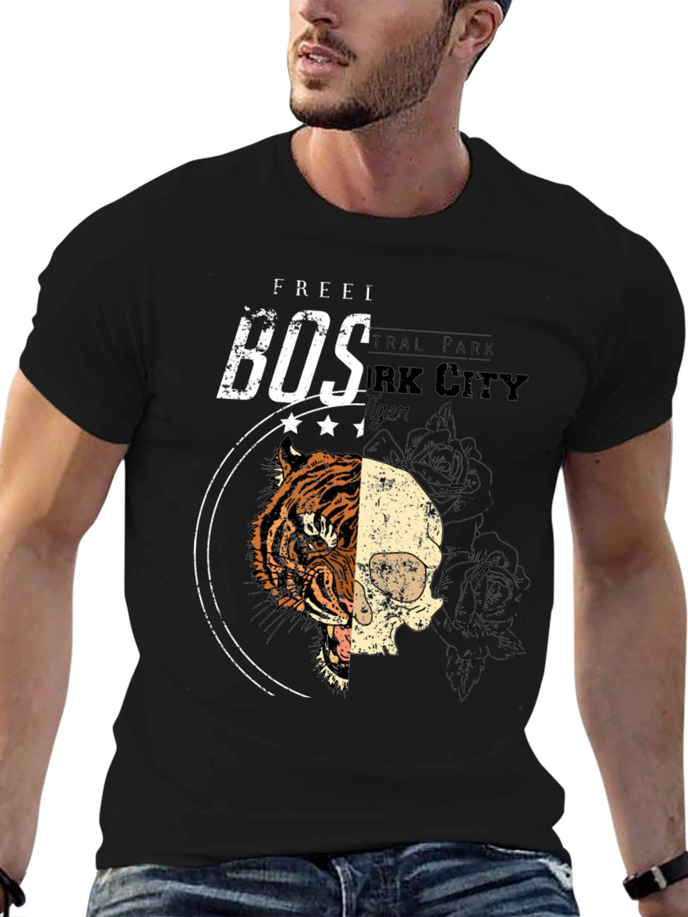 Tiger Skull Graphic Print Black T-Shirt