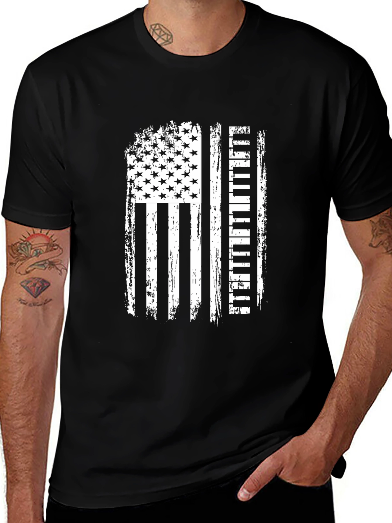 American Flag Piano Player Black T-Shirt