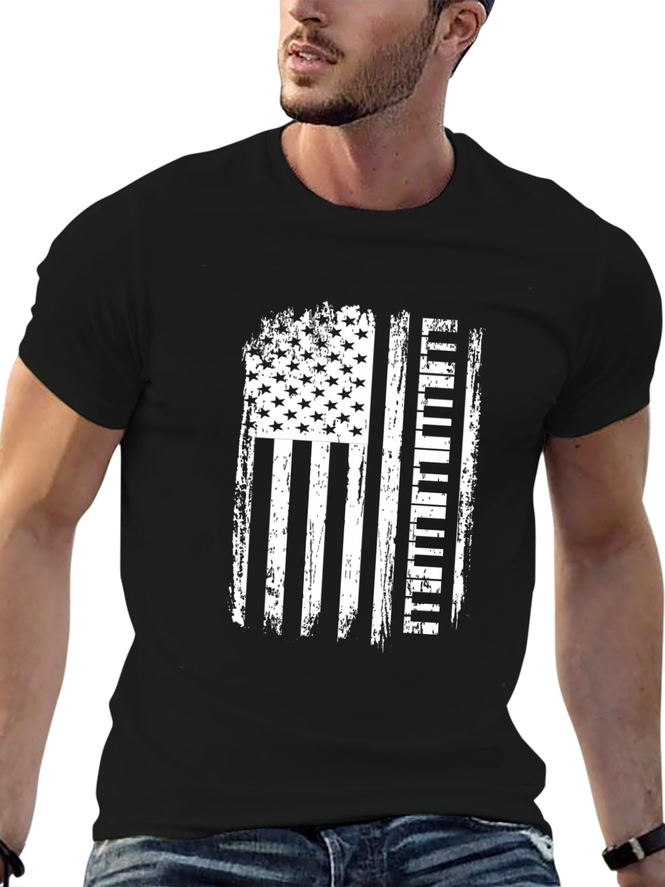 American Flag Piano Player Black T-Shirt