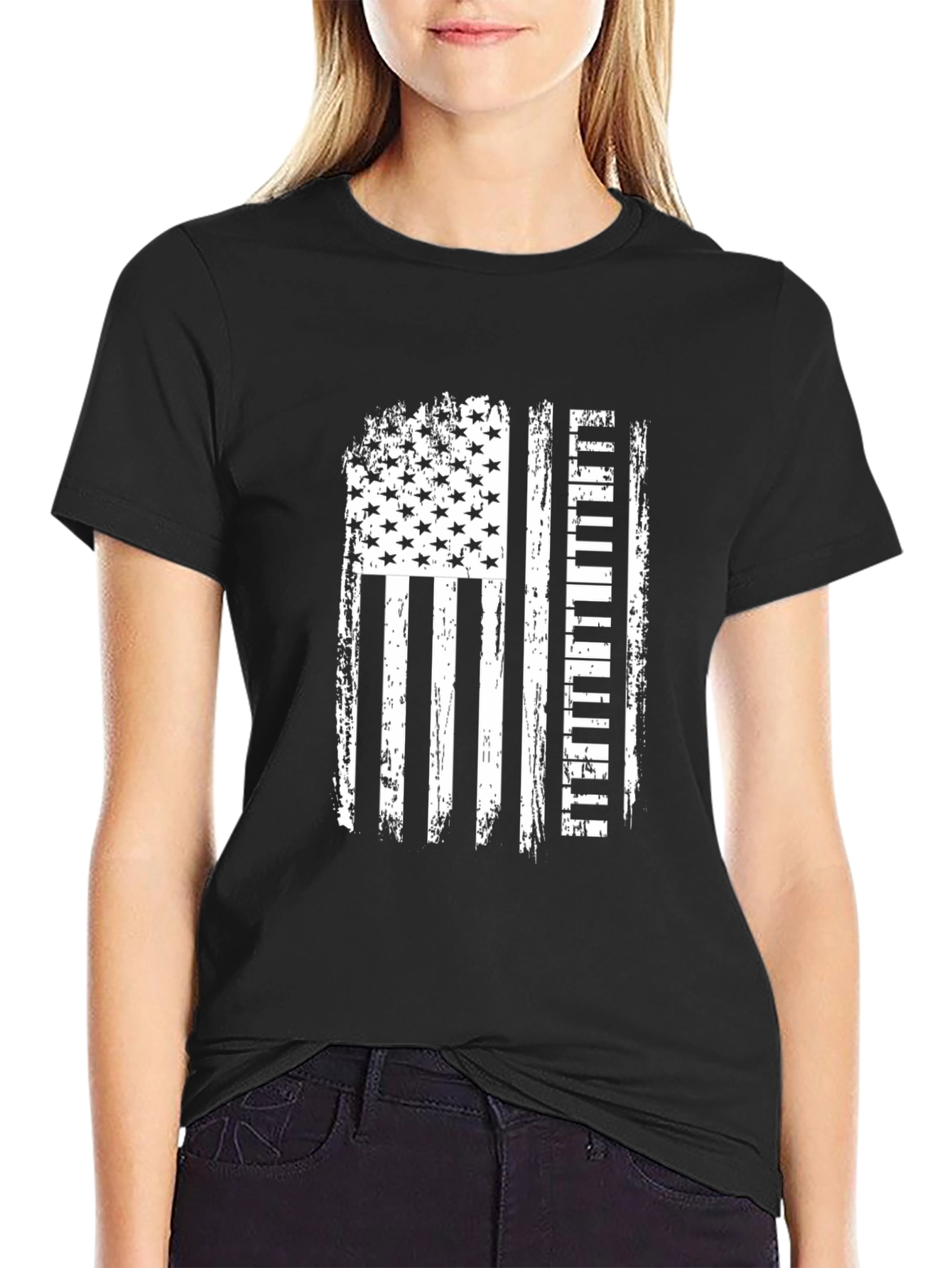 American Flag Piano Player Black T-Shirt