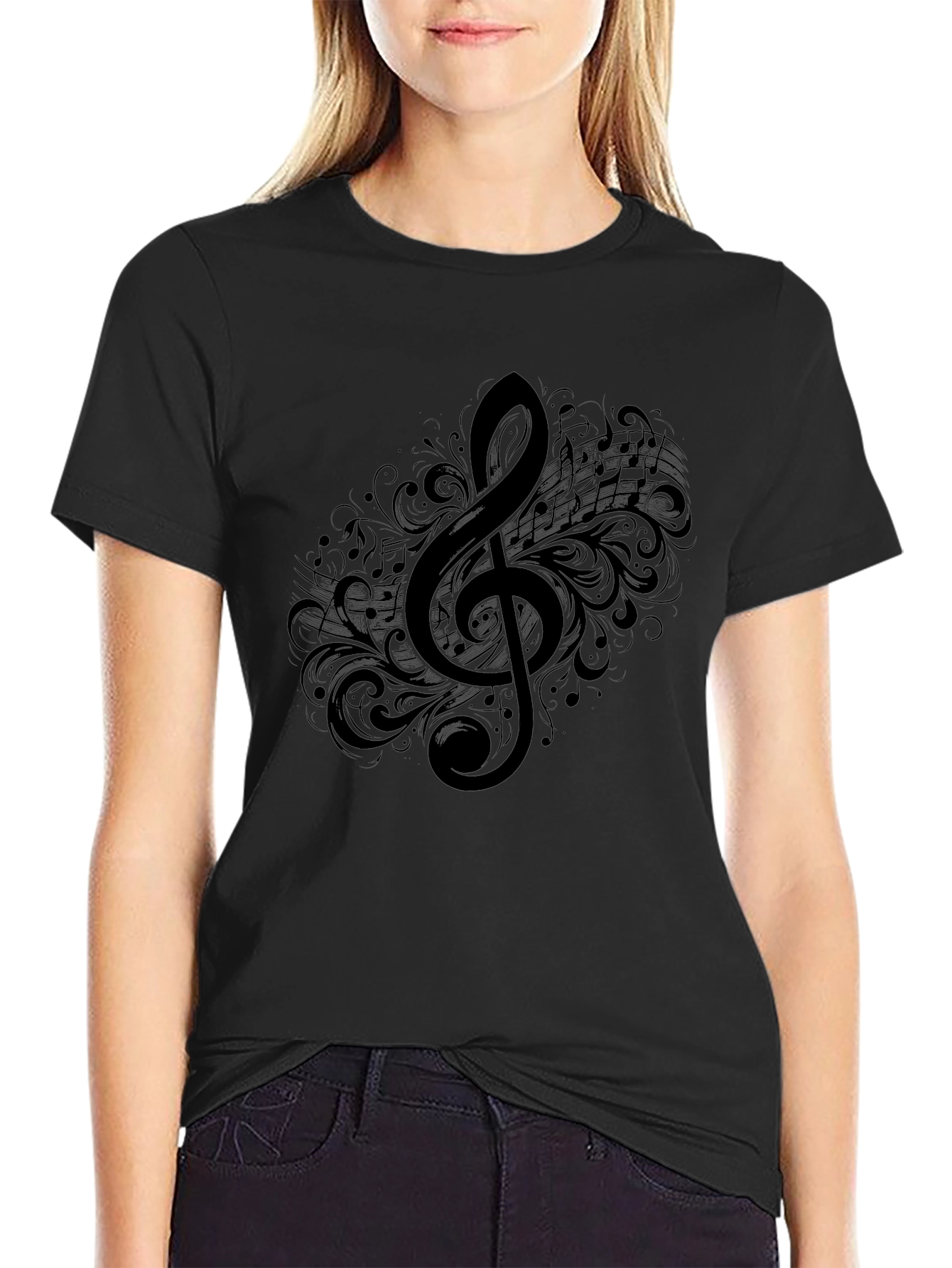 Musical Treble Clef Graphic Tee - Black Cotton T-Shirt