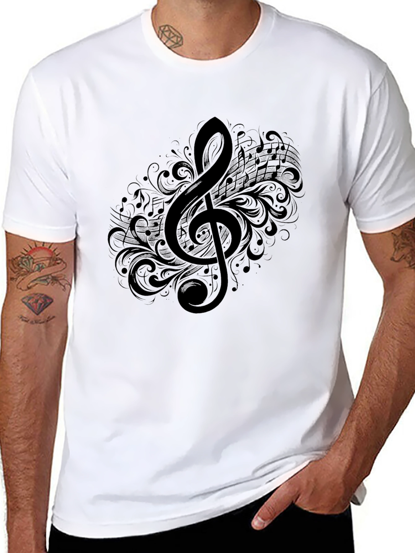 Musical Treble Clef Graphic Tee - Black Cotton T-Shirt