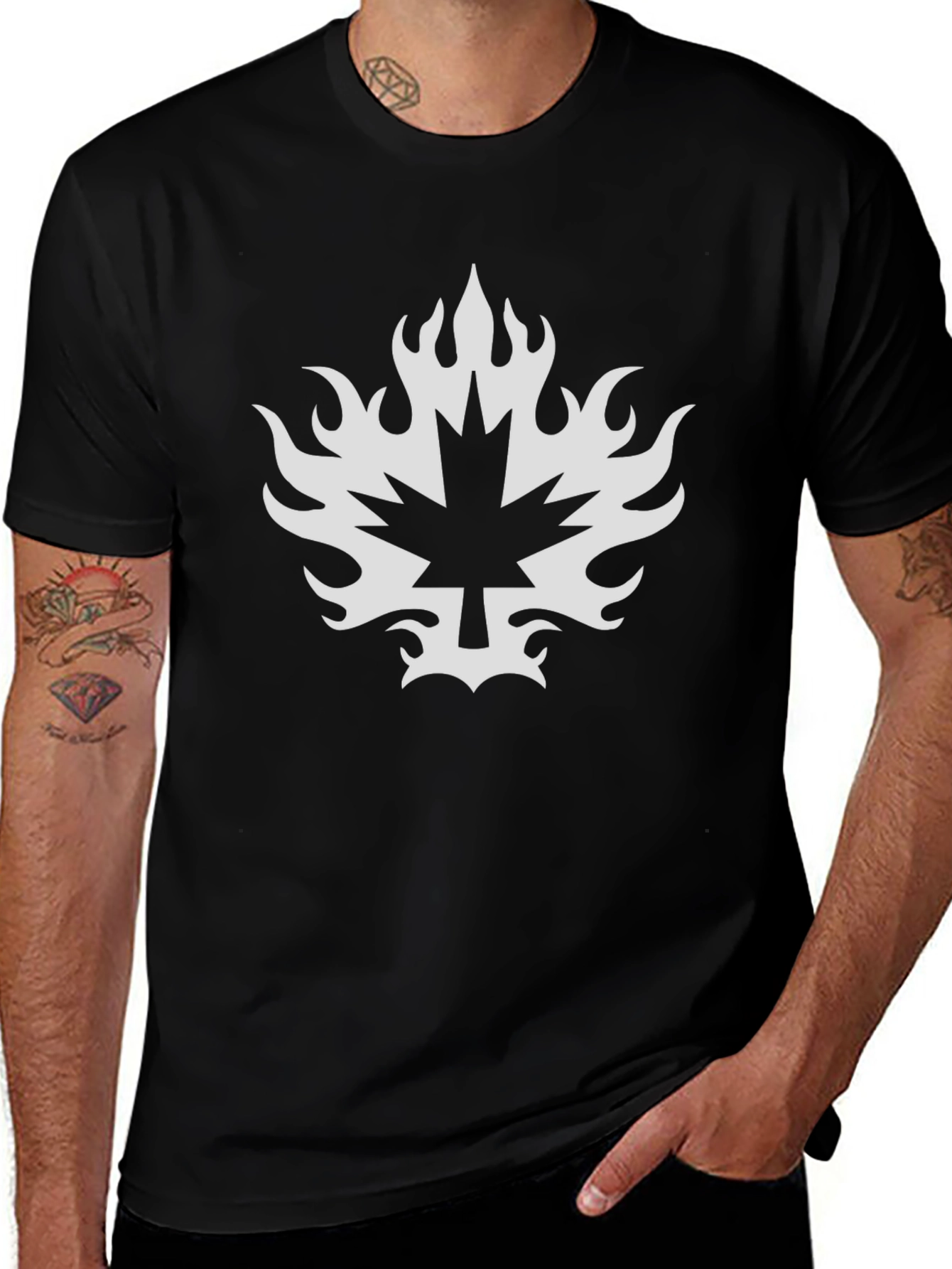 Black T-Shirt with Flaming Maple Leaf Design