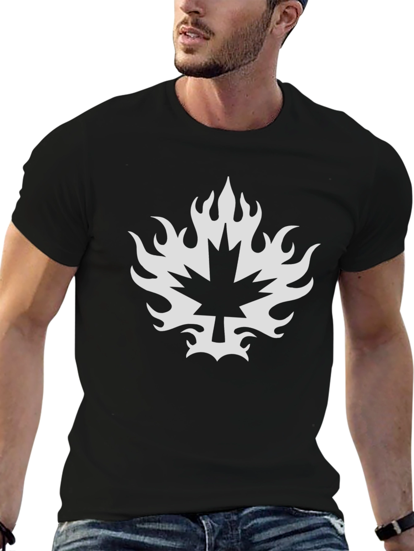 Black T-Shirt with Flaming Maple Leaf Design