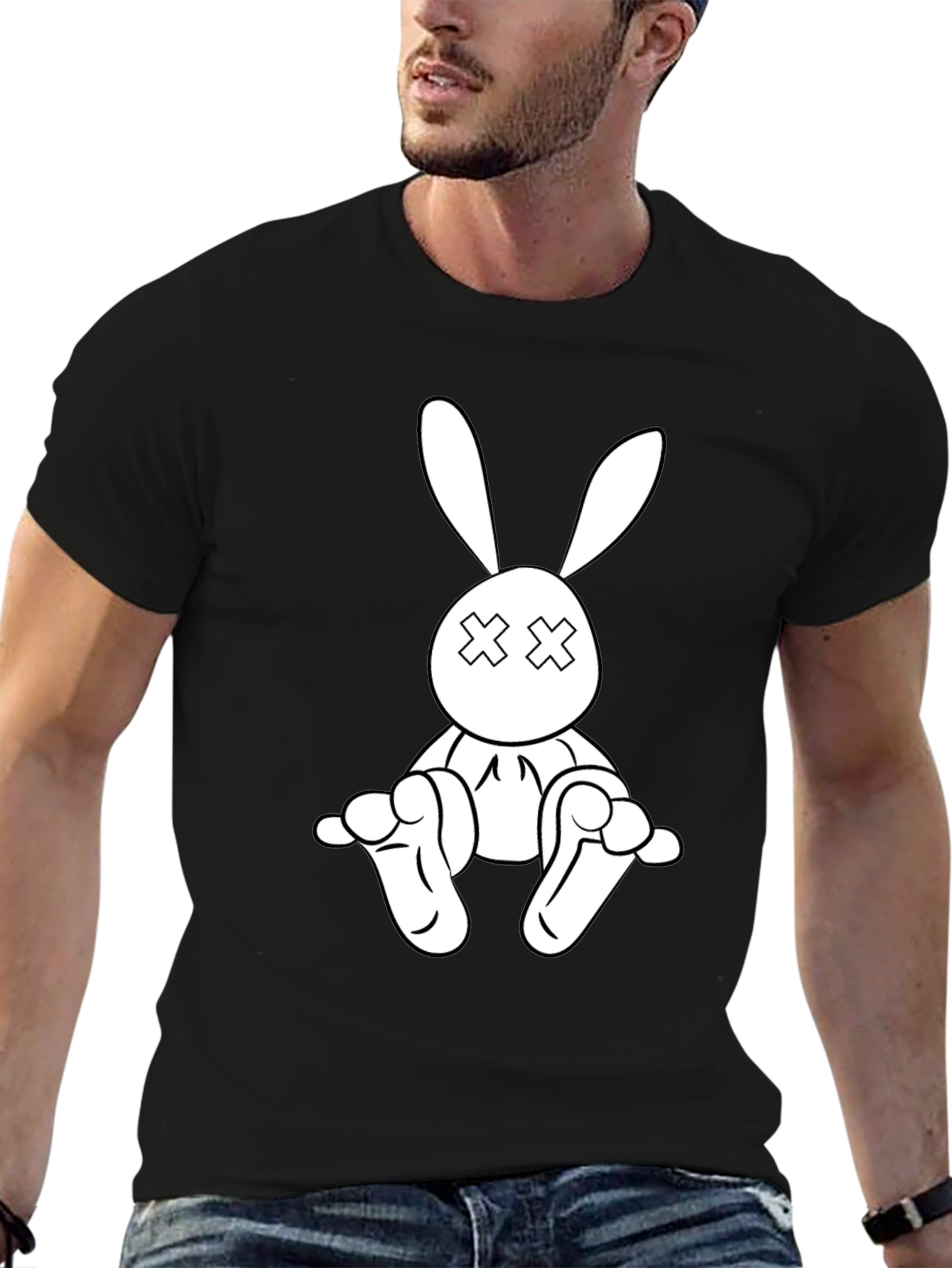 Black T-Shirt with Cartoon Rabbit Graphic