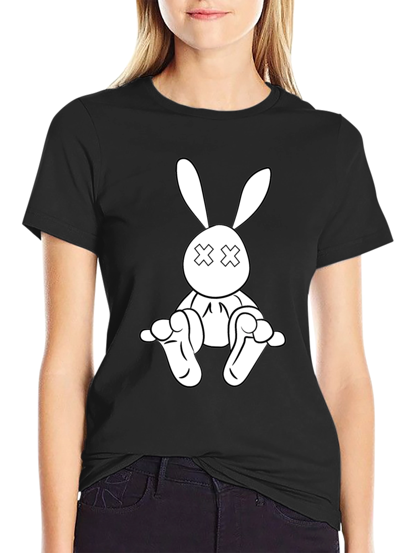 Black T-Shirt with Cartoon Rabbit Graphic