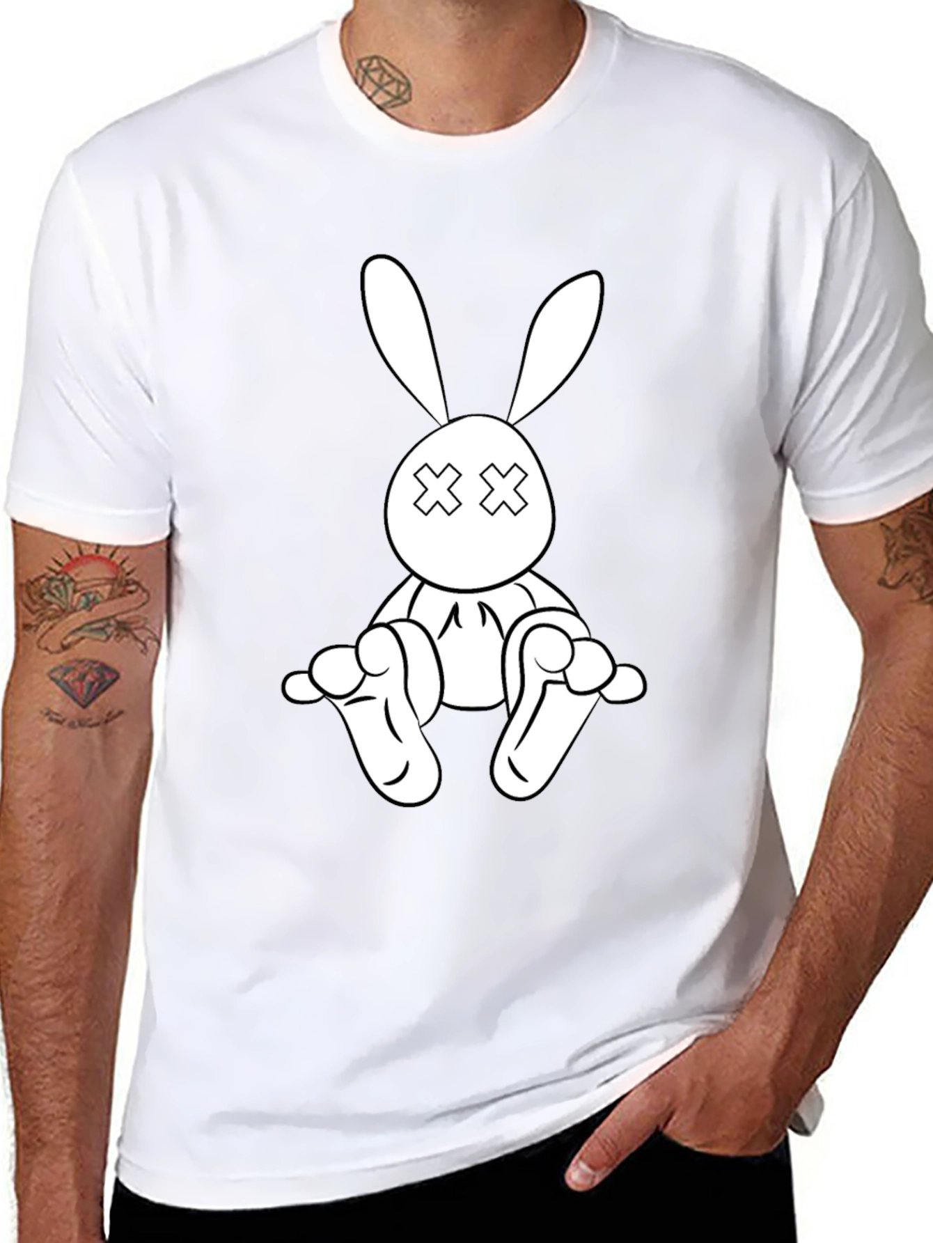 Black T-Shirt with Cartoon Rabbit Graphic