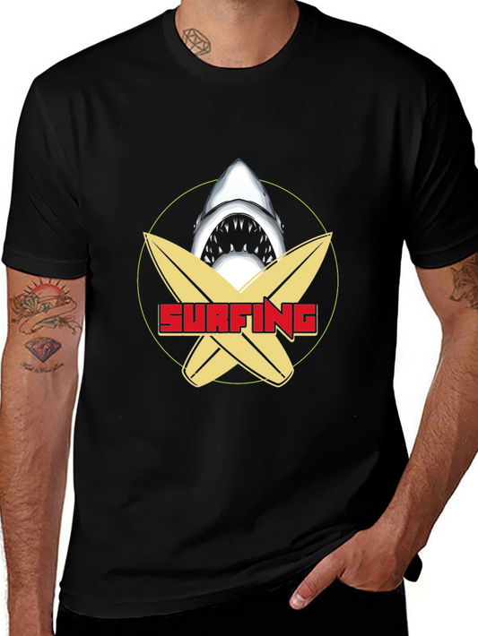 Surfing Shark Graphic Tee - Black Cotton T-Shirt