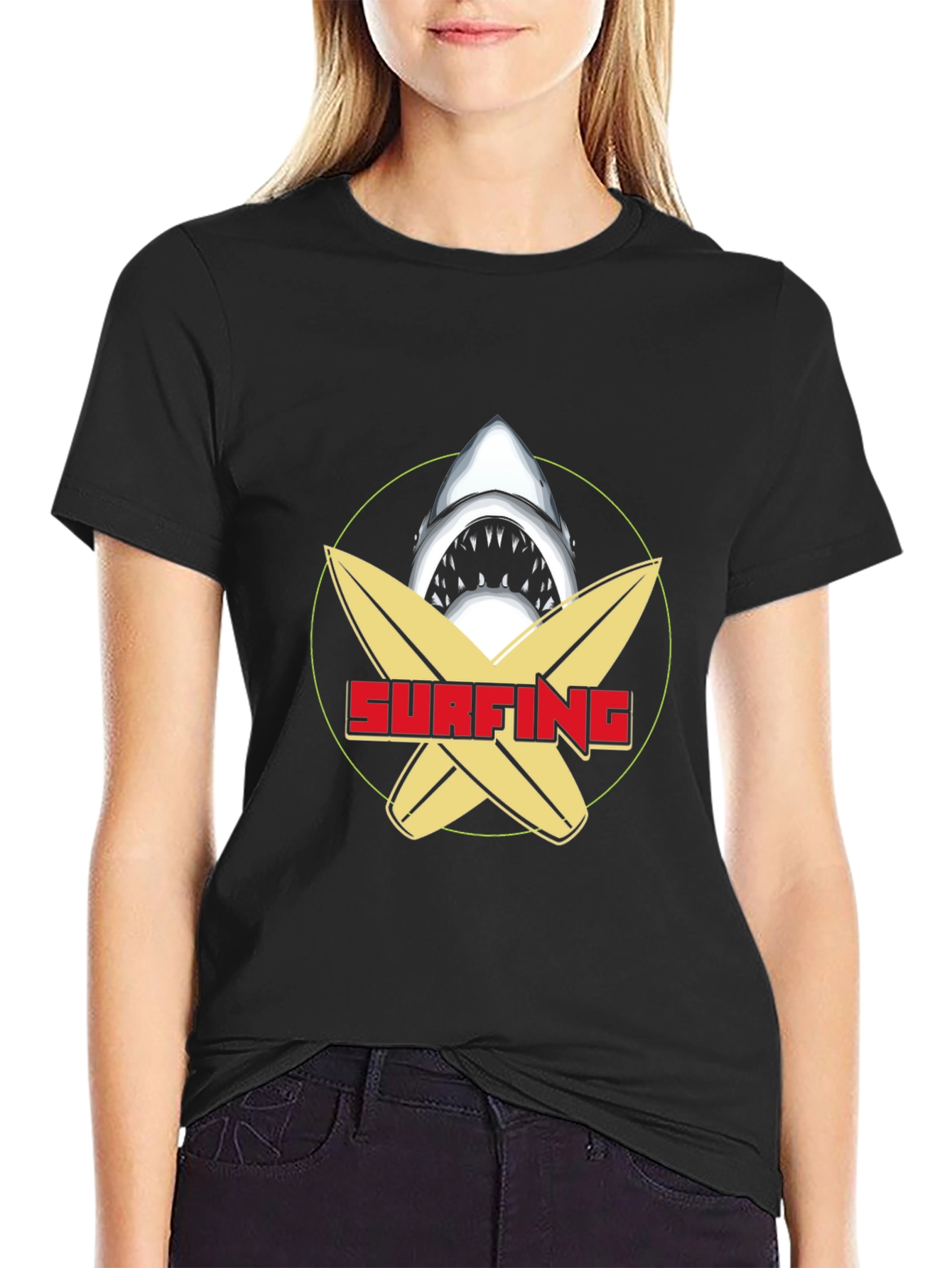 Surfing Shark Graphic Tee - Black Cotton T-Shirt