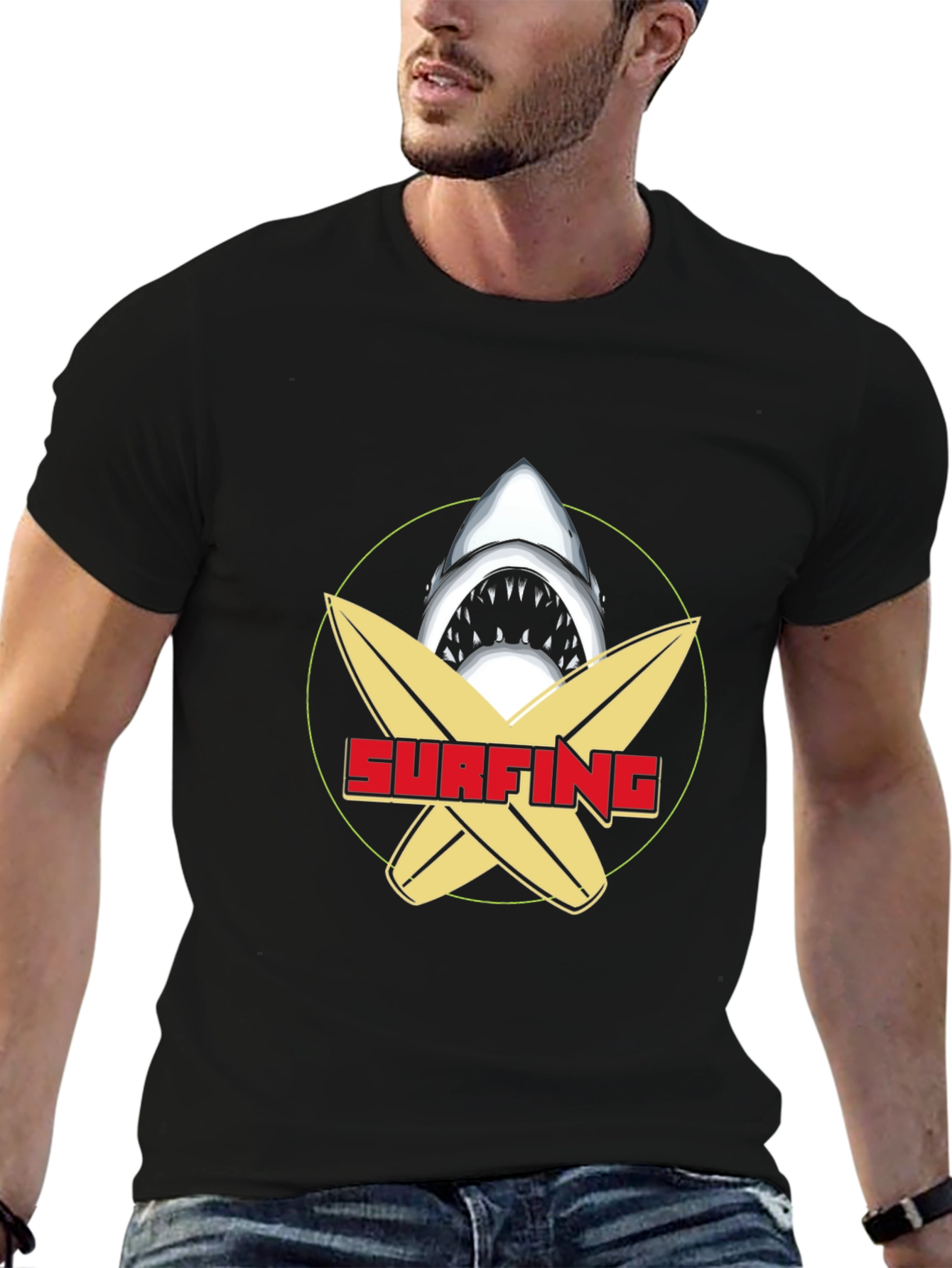 Surfing Shark Graphic Tee - Black Cotton T-Shirt