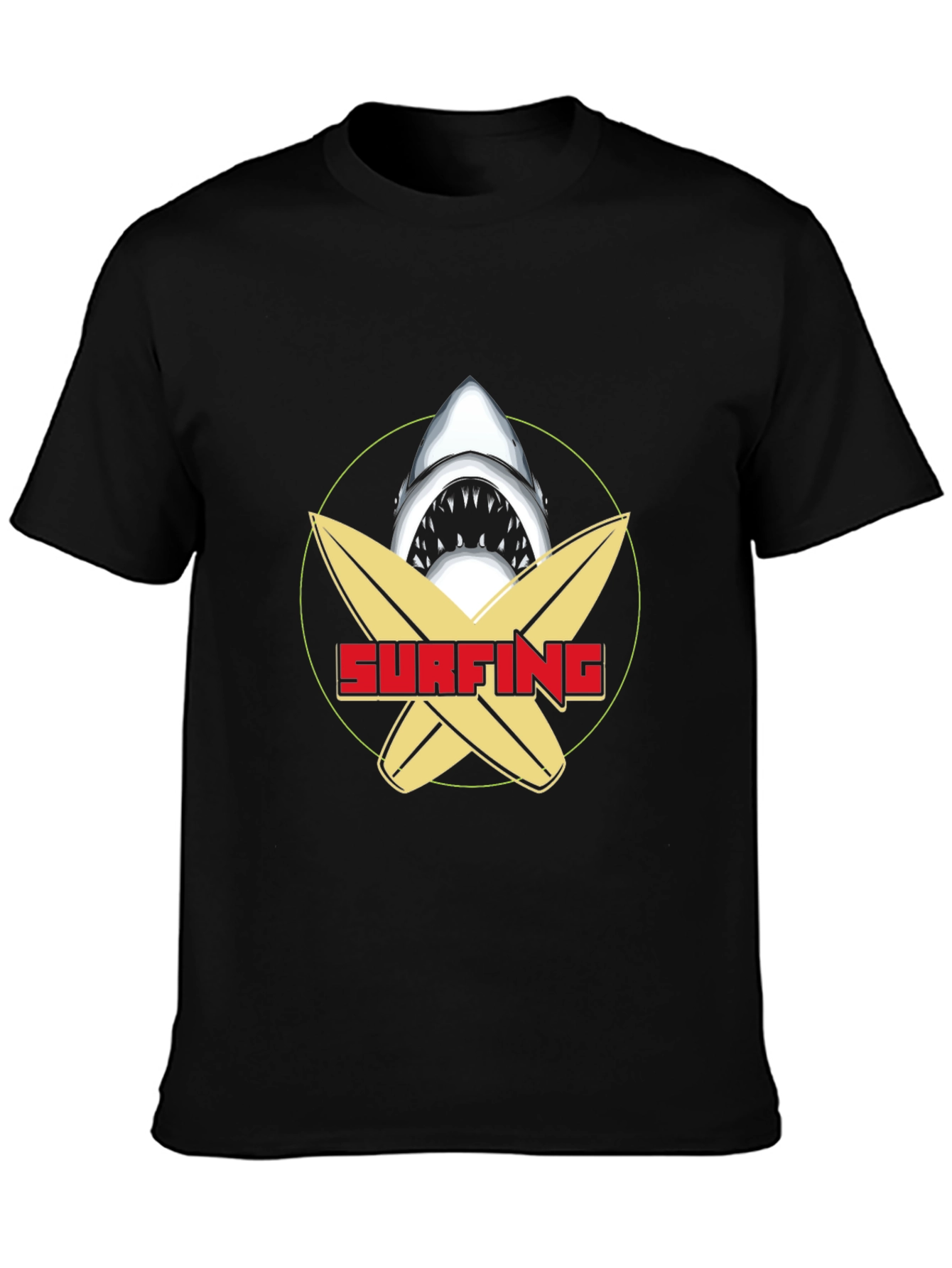 Surfing Shark Graphic Tee - Black Cotton T-Shirt