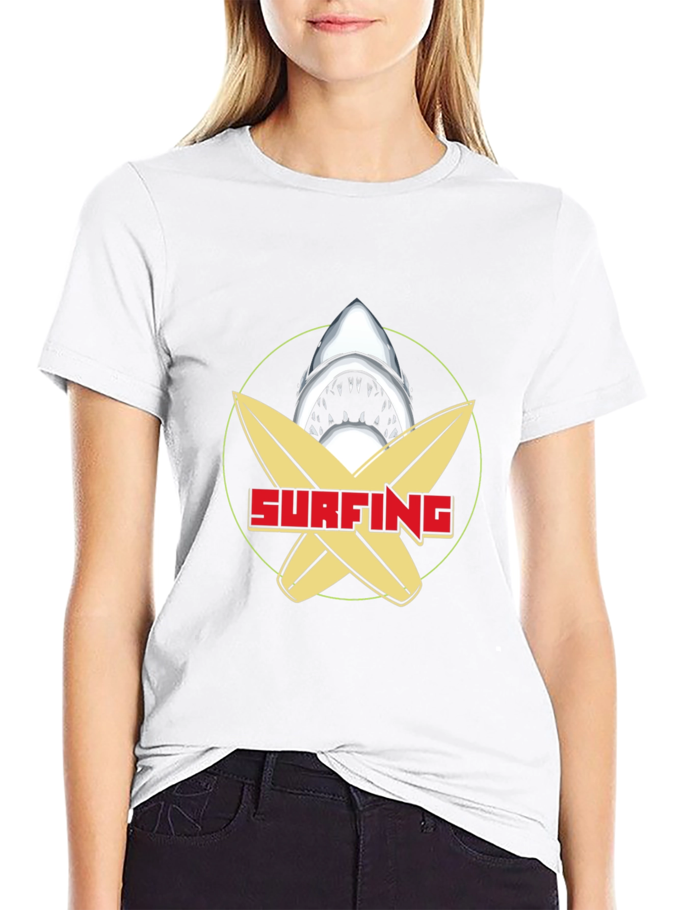 Surfing Shark Graphic Tee - Black Cotton T-Shirt