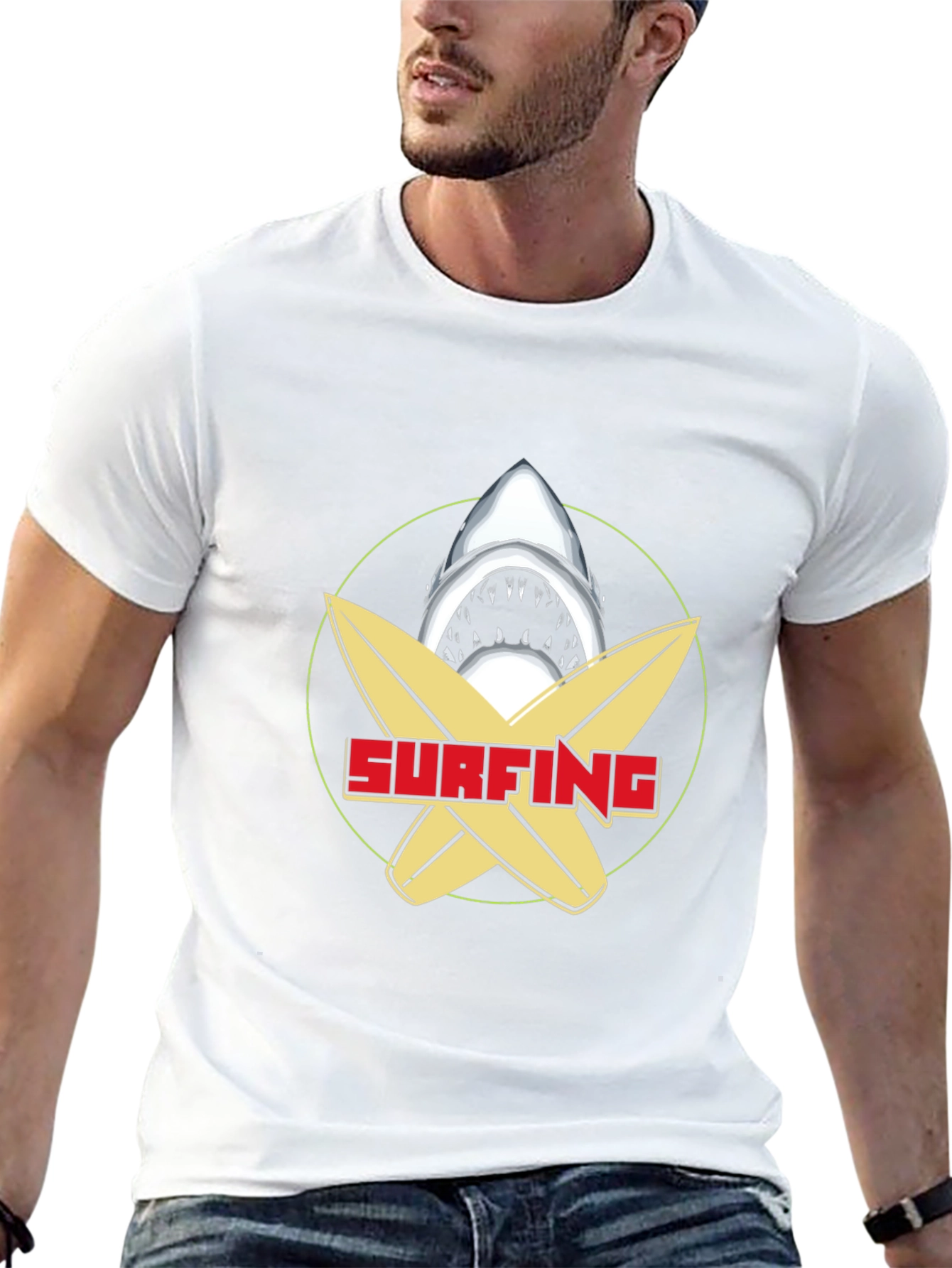 Surfing Shark Graphic Tee - Black Cotton T-Shirt
