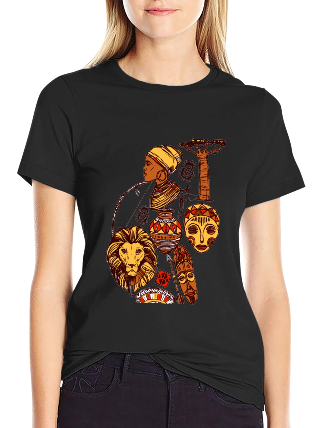 African Culture Graphic Print Black T-Shirt