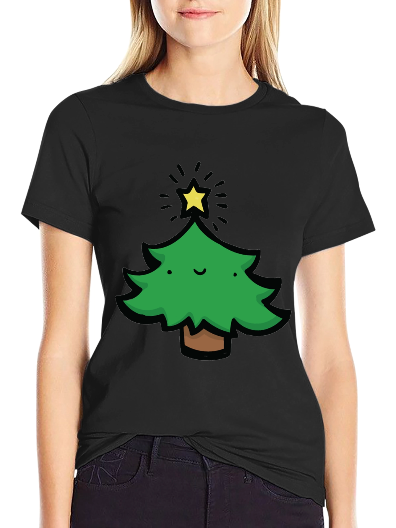 Festive Christmas Tree Graphic Tee - Black