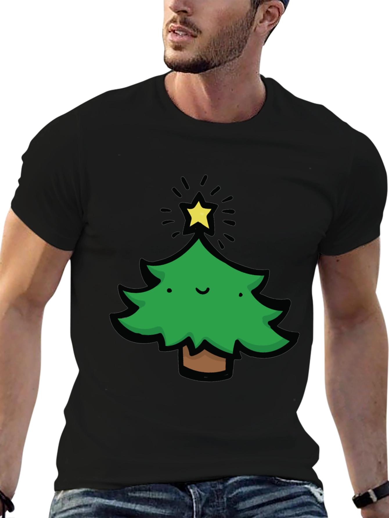 Festive Christmas Tree Graphic Tee - Black