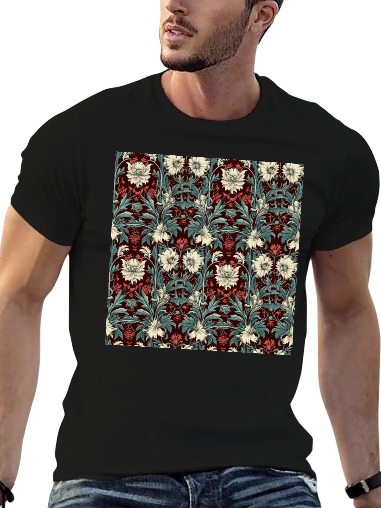 Floral Pattern T-Shirt Red & White Botanical Design