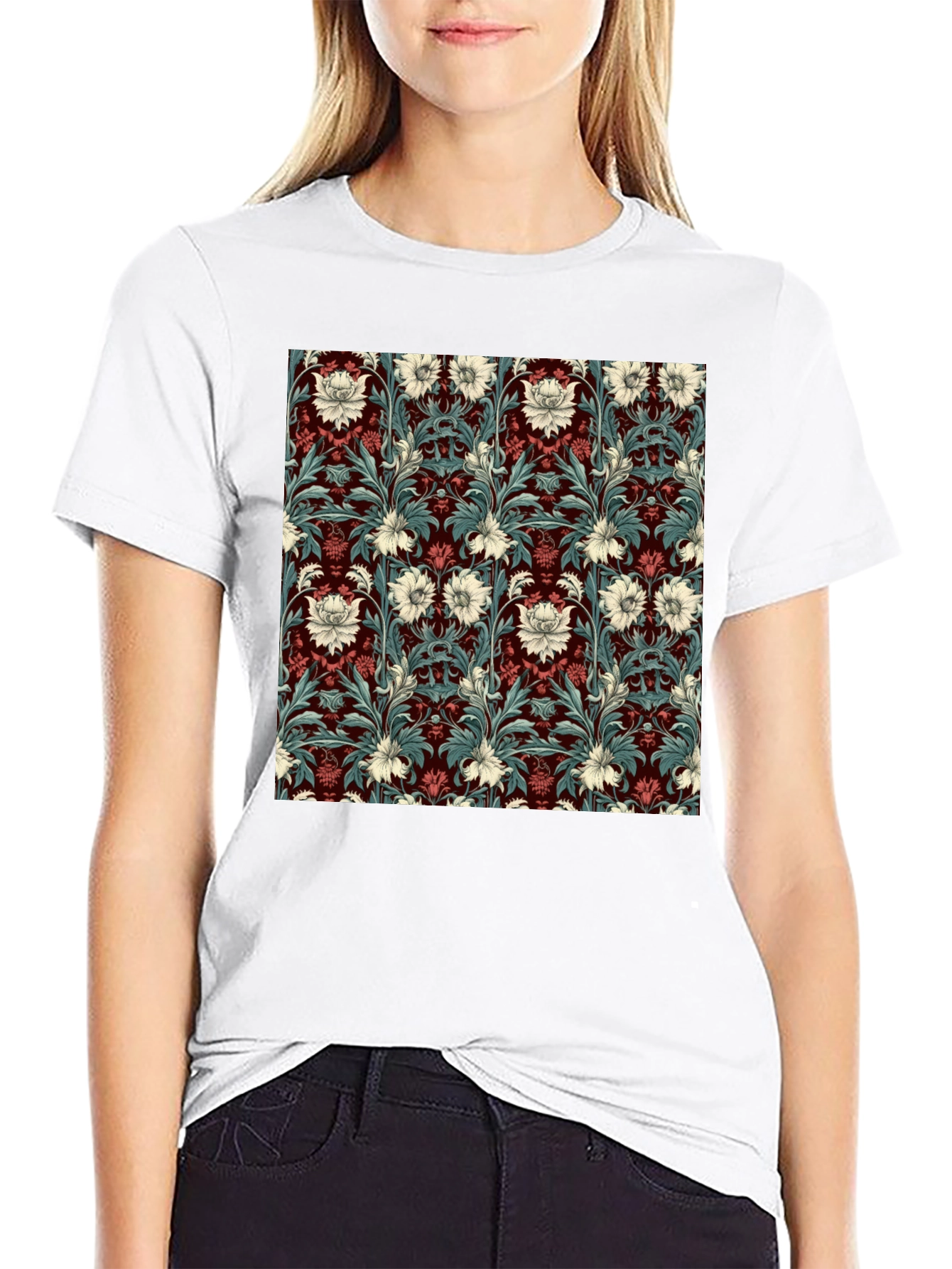 Floral Pattern T-Shirt Red & White Botanical Design