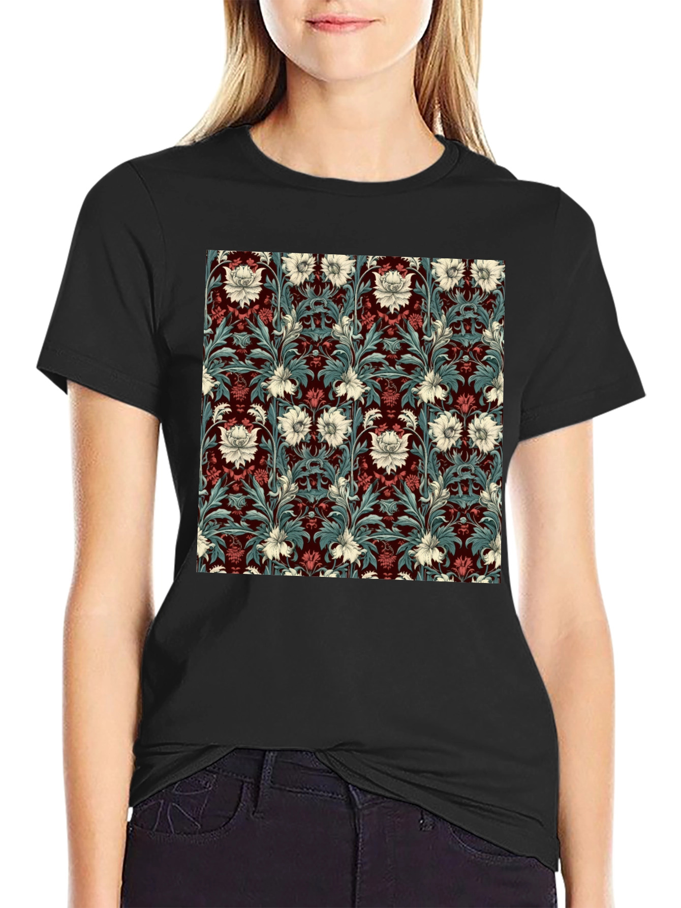 Floral Pattern T-Shirt Red & White Botanical Design