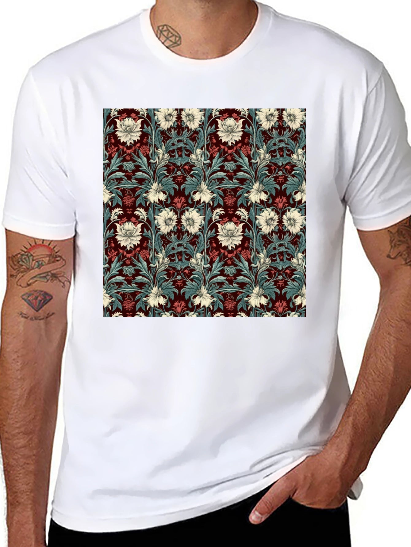 Floral Pattern T-Shirt Red & White Botanical Design
