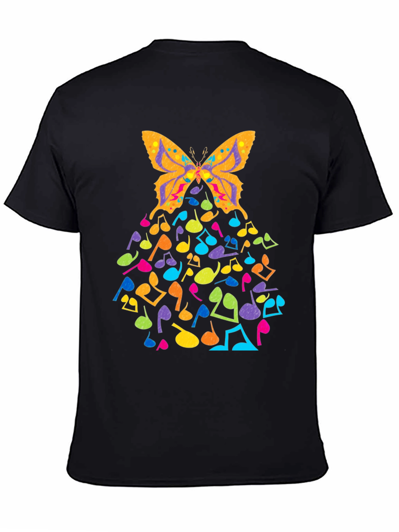 Butterfly Music Notes Graphic Black T-Shirt