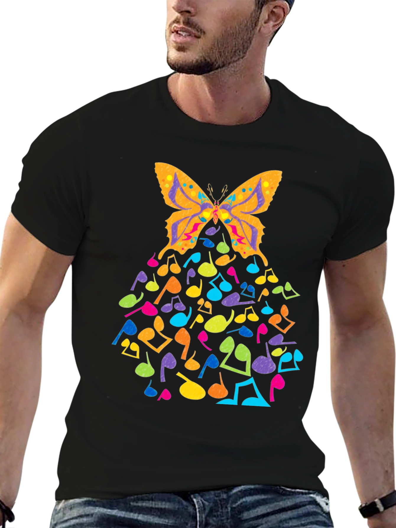 Butterfly Music Notes Graphic Black T-Shirt