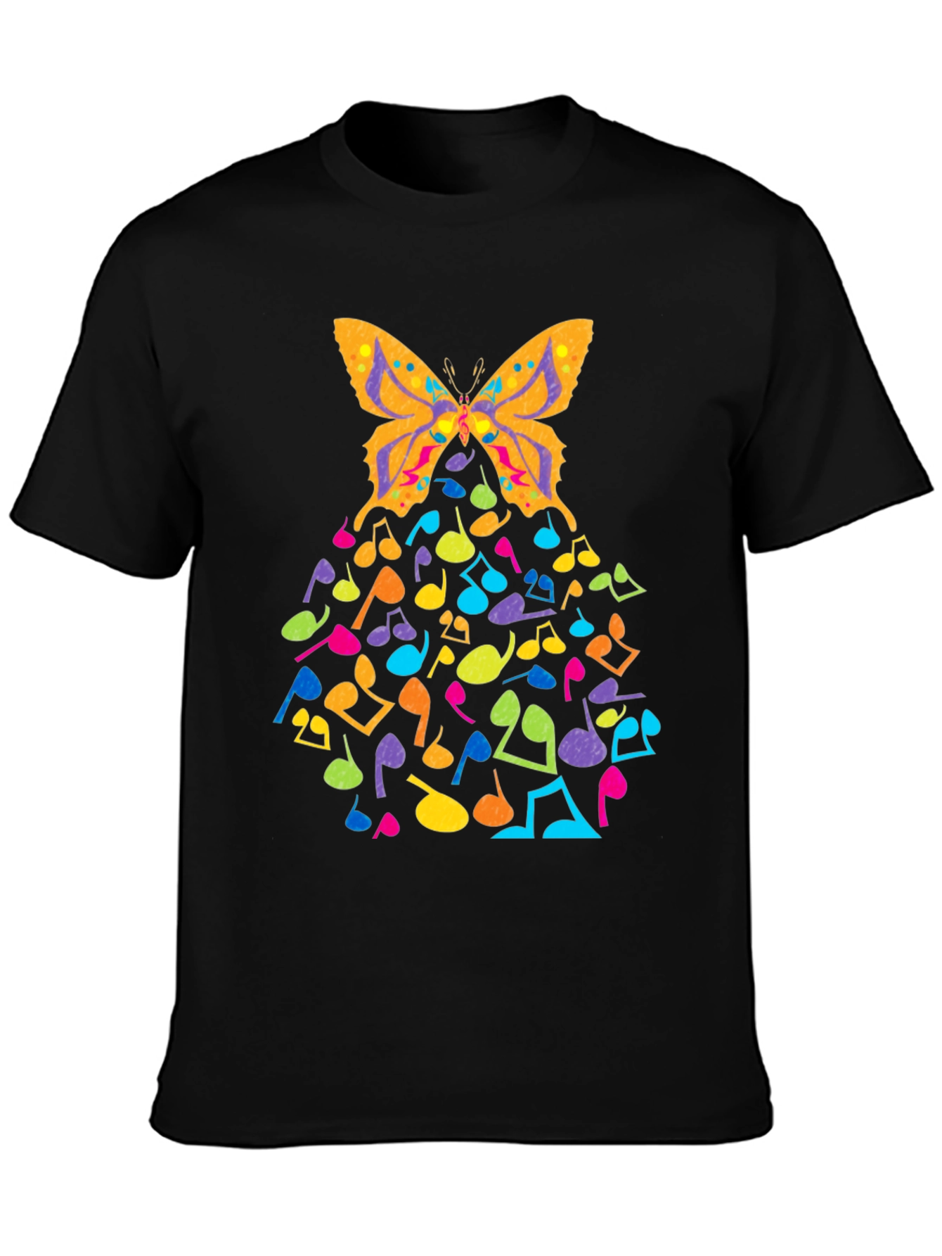 Butterfly Music Notes Graphic Black T-Shirt