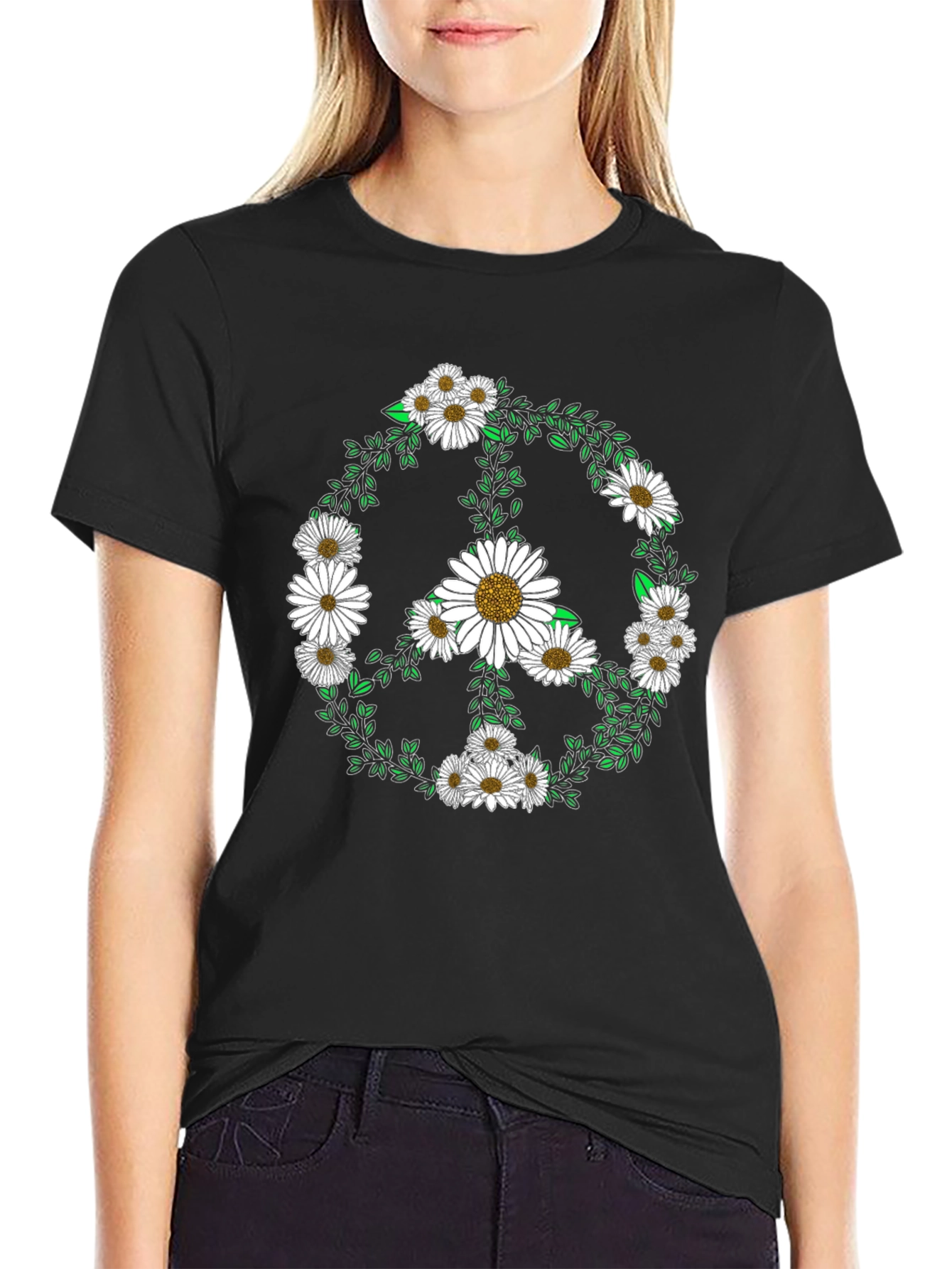 Daisy Peace Sign Black T-Shirt