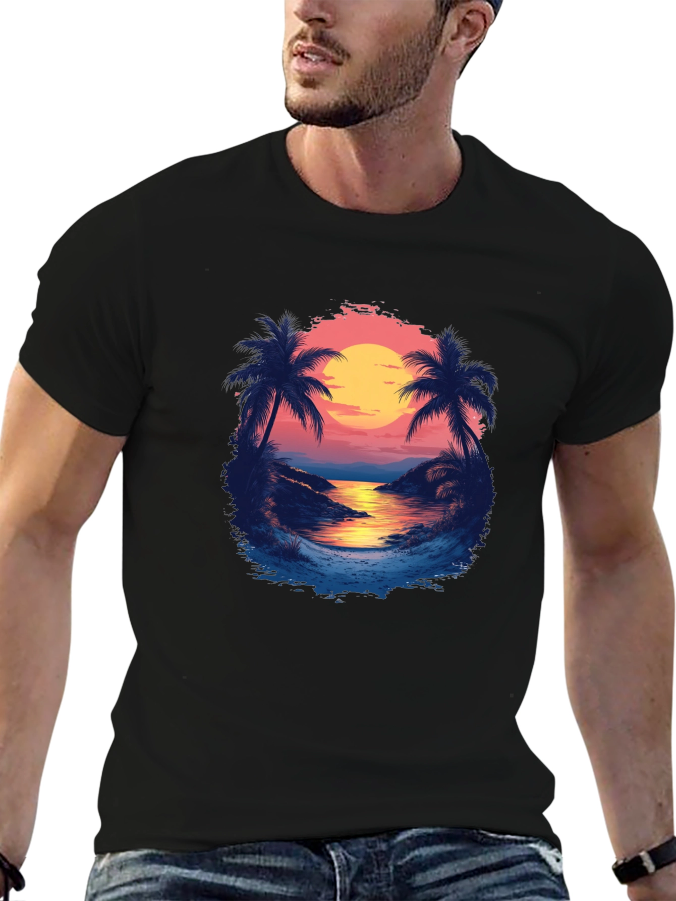 Tropical Sunset Graphic Tee - Black Cotton Comfort