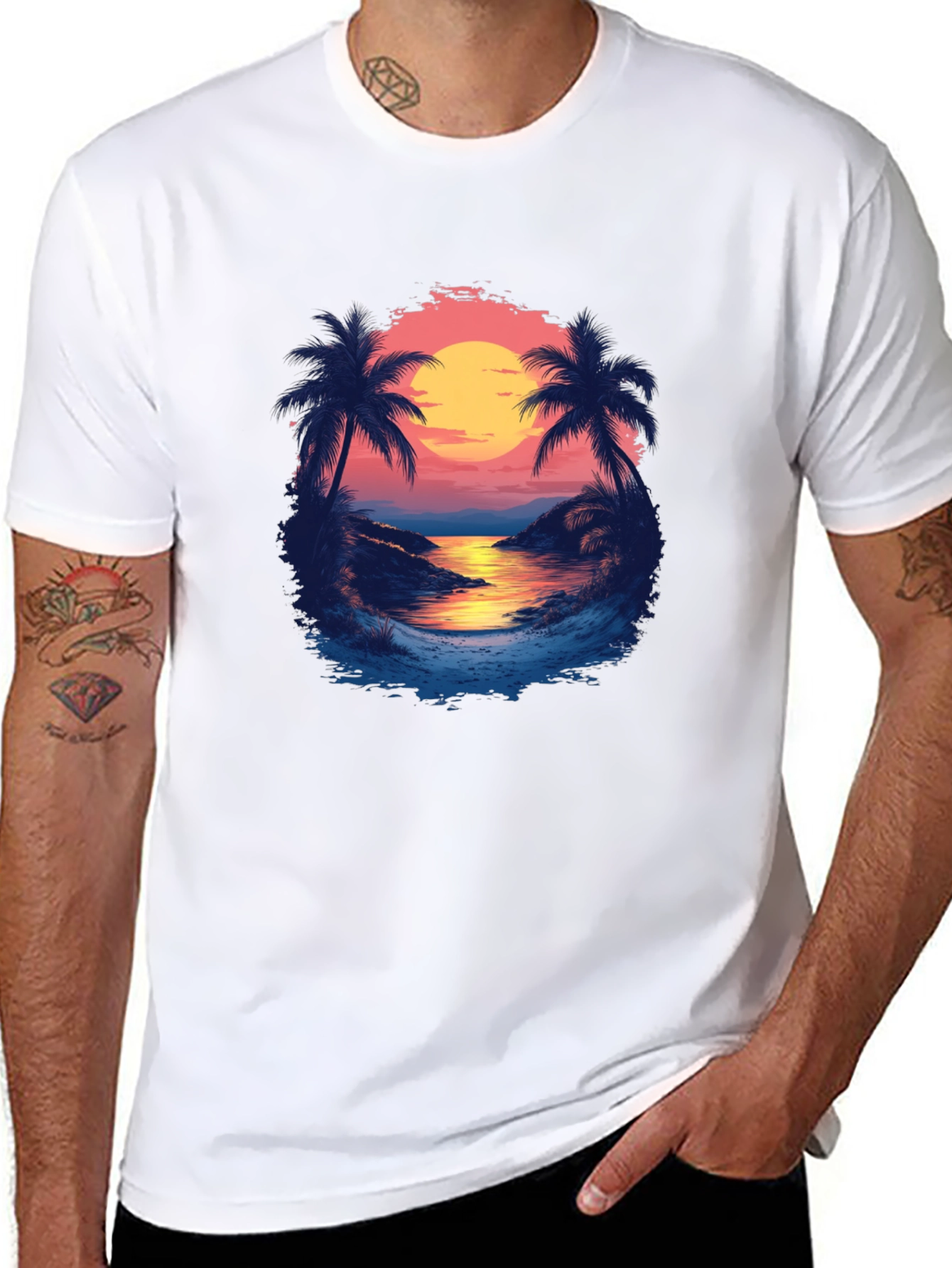 Tropical Sunset Graphic Tee - Black Cotton Comfort