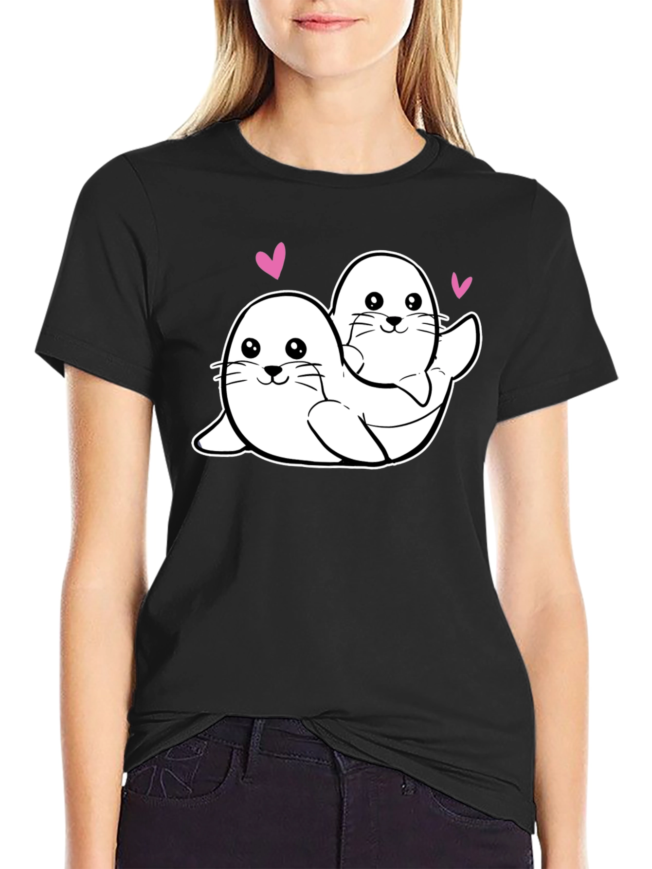Cute Seal Couple Black T-Shirt