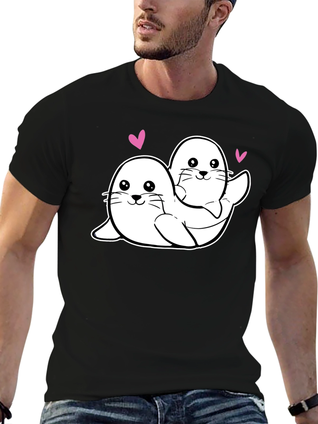 Cute Seal Couple Black T-Shirt
