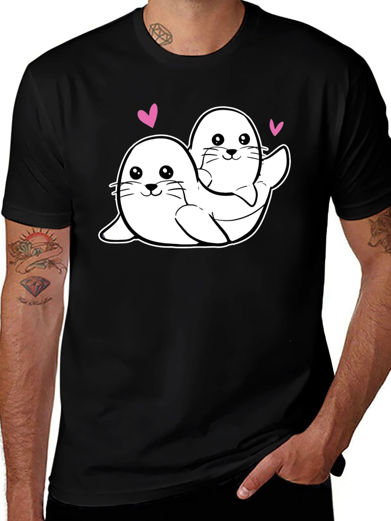 Cute Seal Couple Black T-Shirt