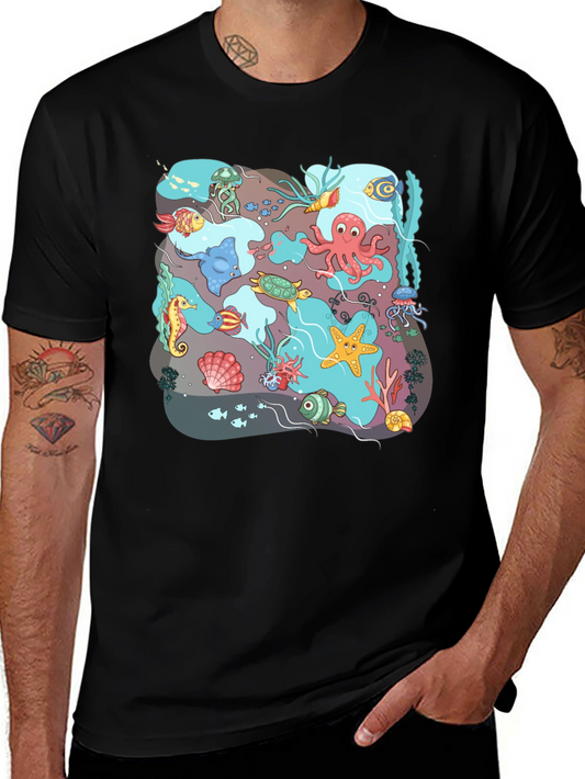 Ocean Life Graphic T-Shirt - Black Cotton Tee