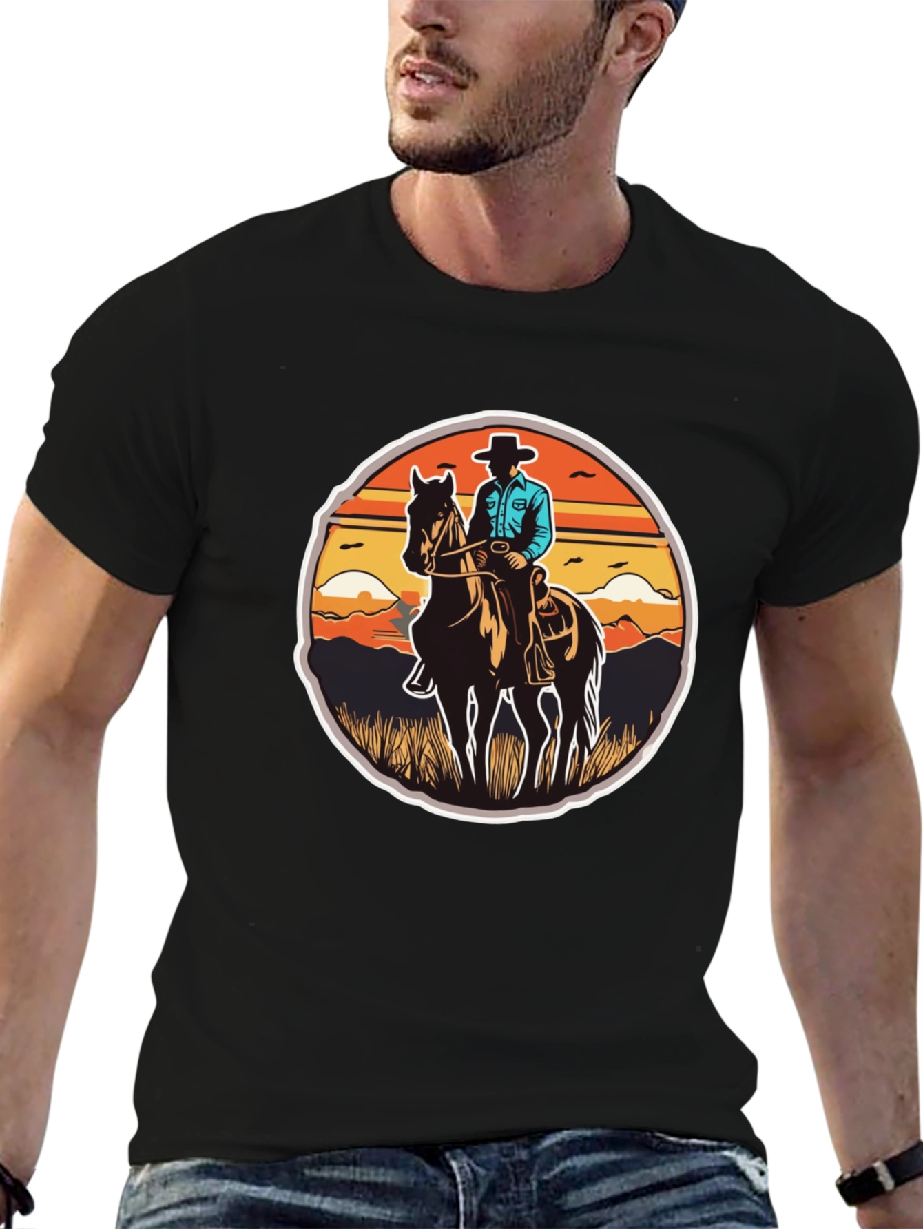 Cowboy on Horseback Black T-Shirt