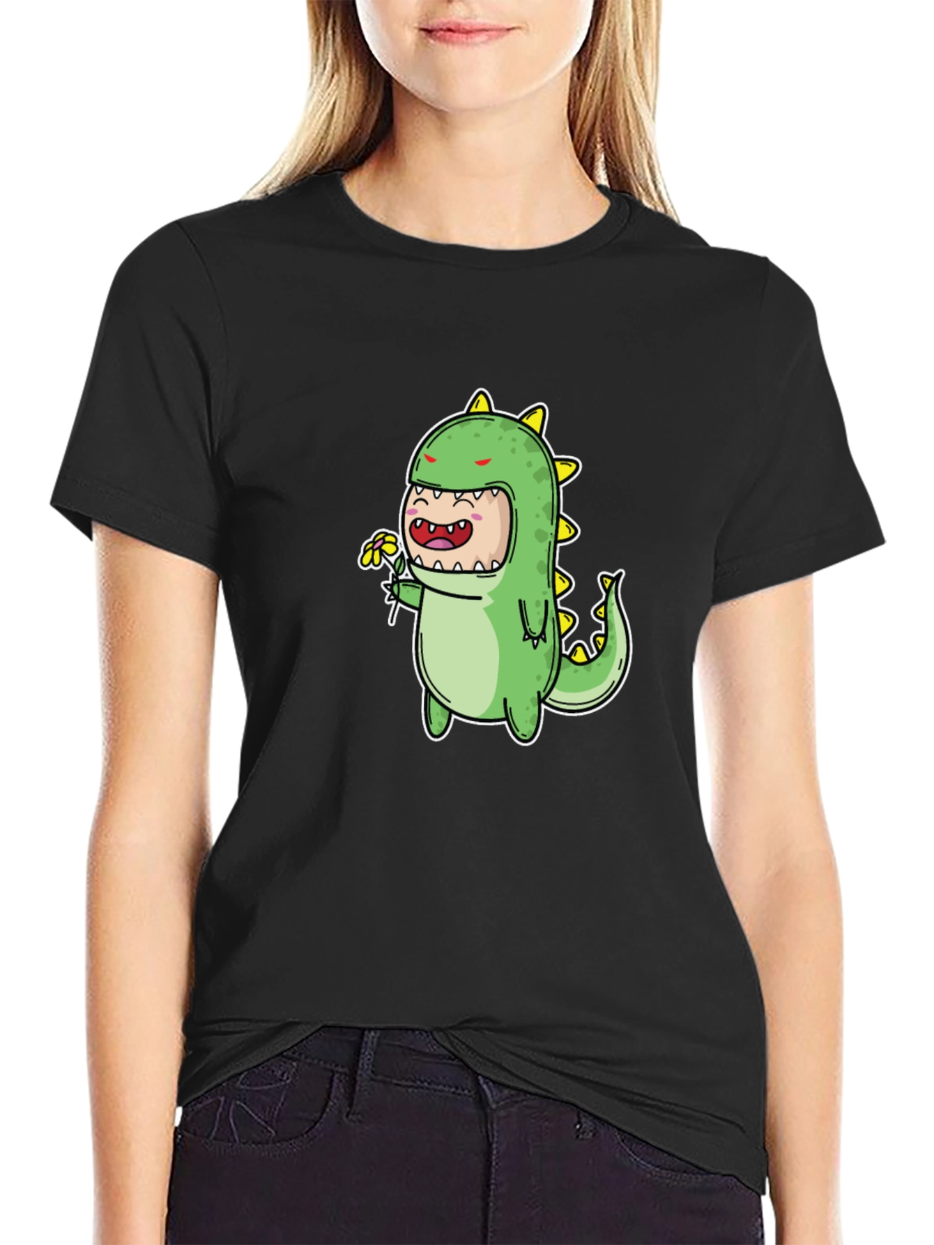 Cute Dino Graphic Tee - Black Cotton Blend T-Shirt