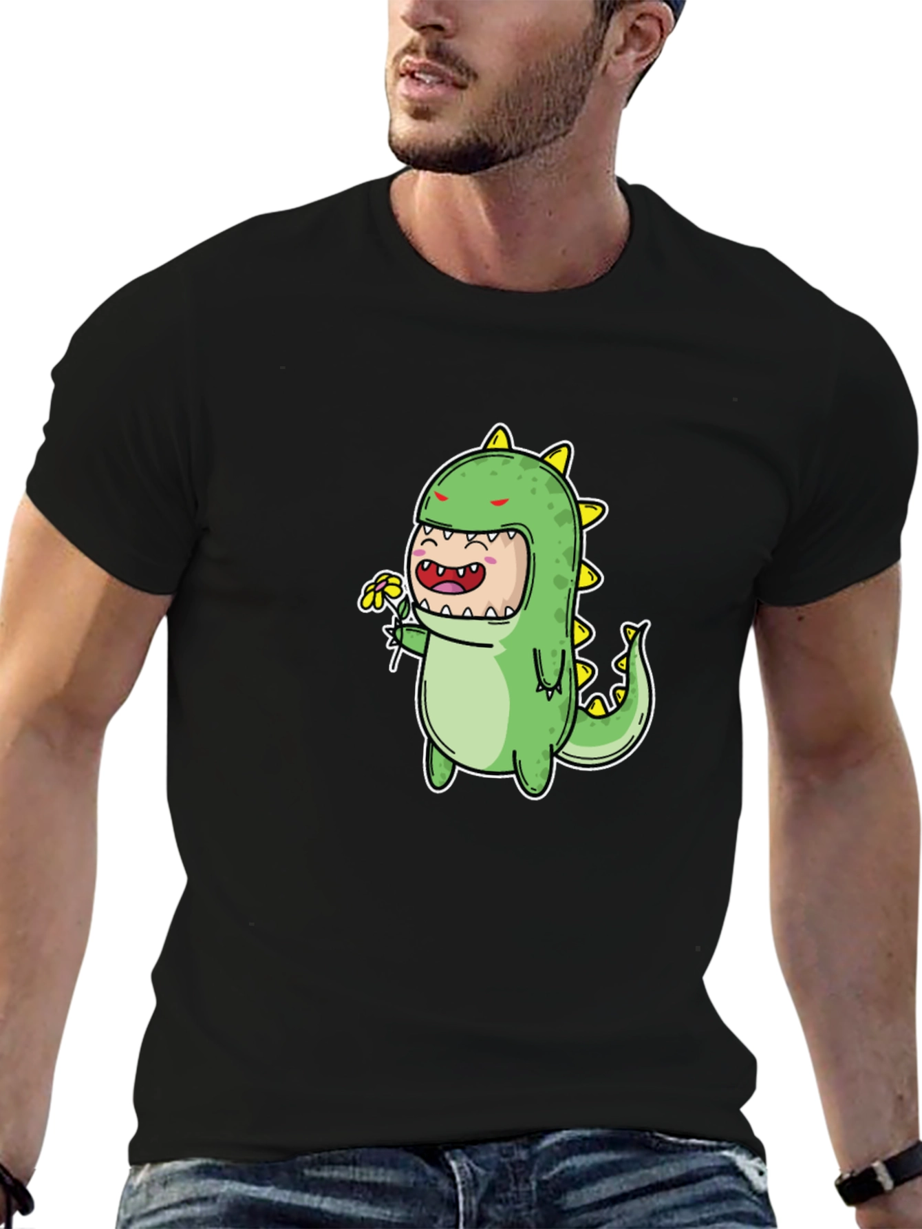 Cute Dino Graphic Tee - Black Cotton Blend T-Shirt