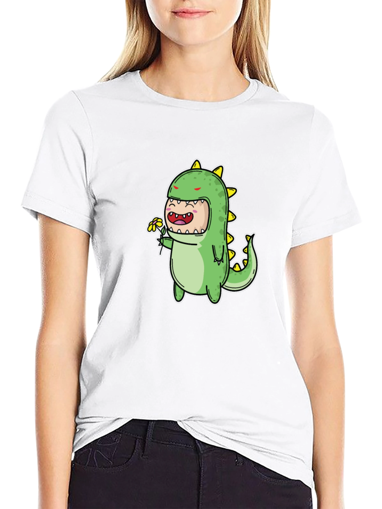 Cute Dino Graphic Tee - Black Cotton Blend T-Shirt