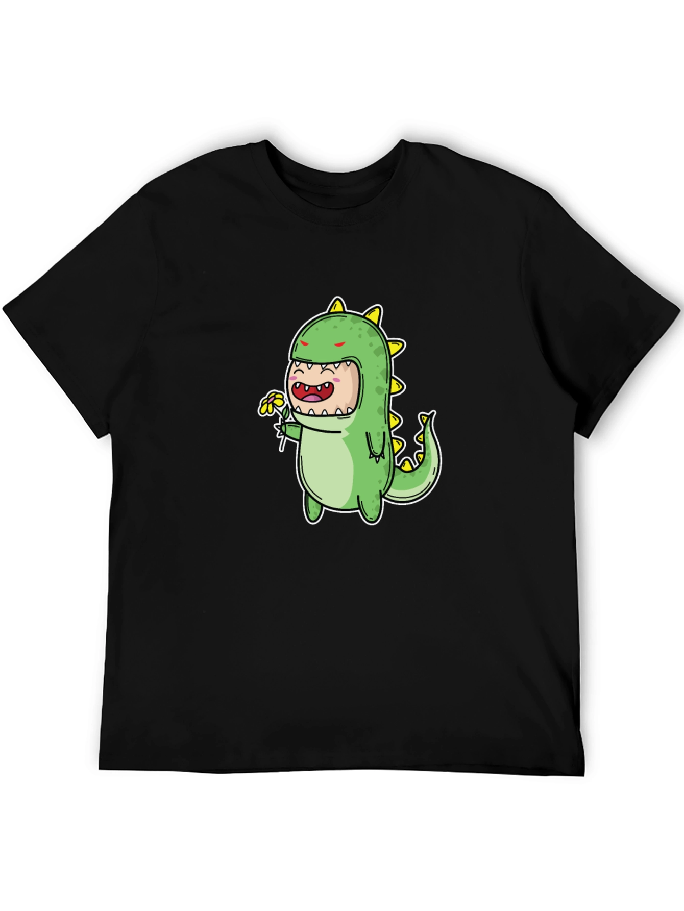 Cute Dino Graphic Tee - Black Cotton Blend T-Shirt