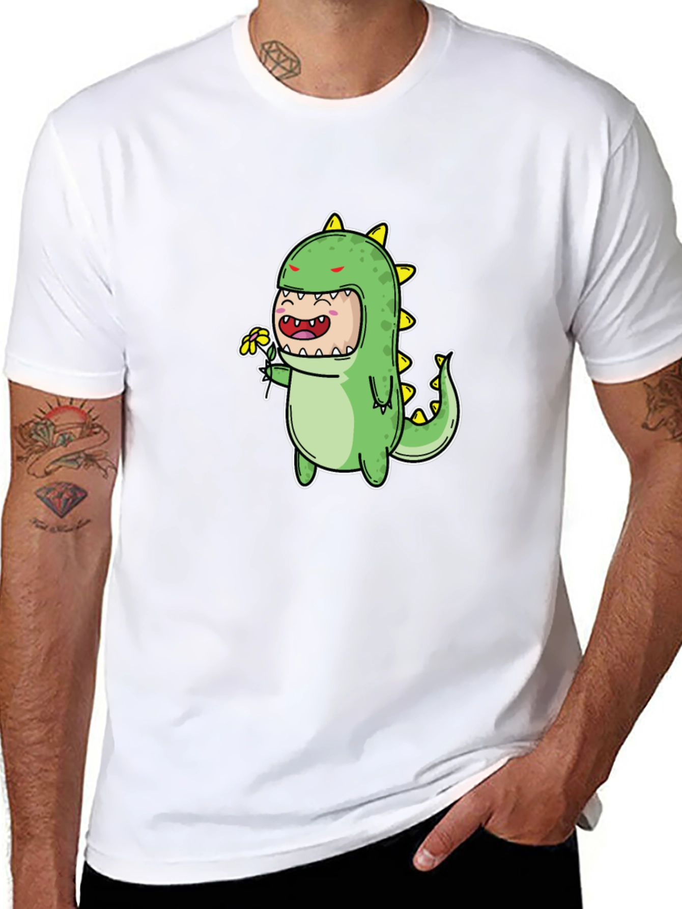 Cute Dino Graphic Tee - Black Cotton Blend T-Shirt