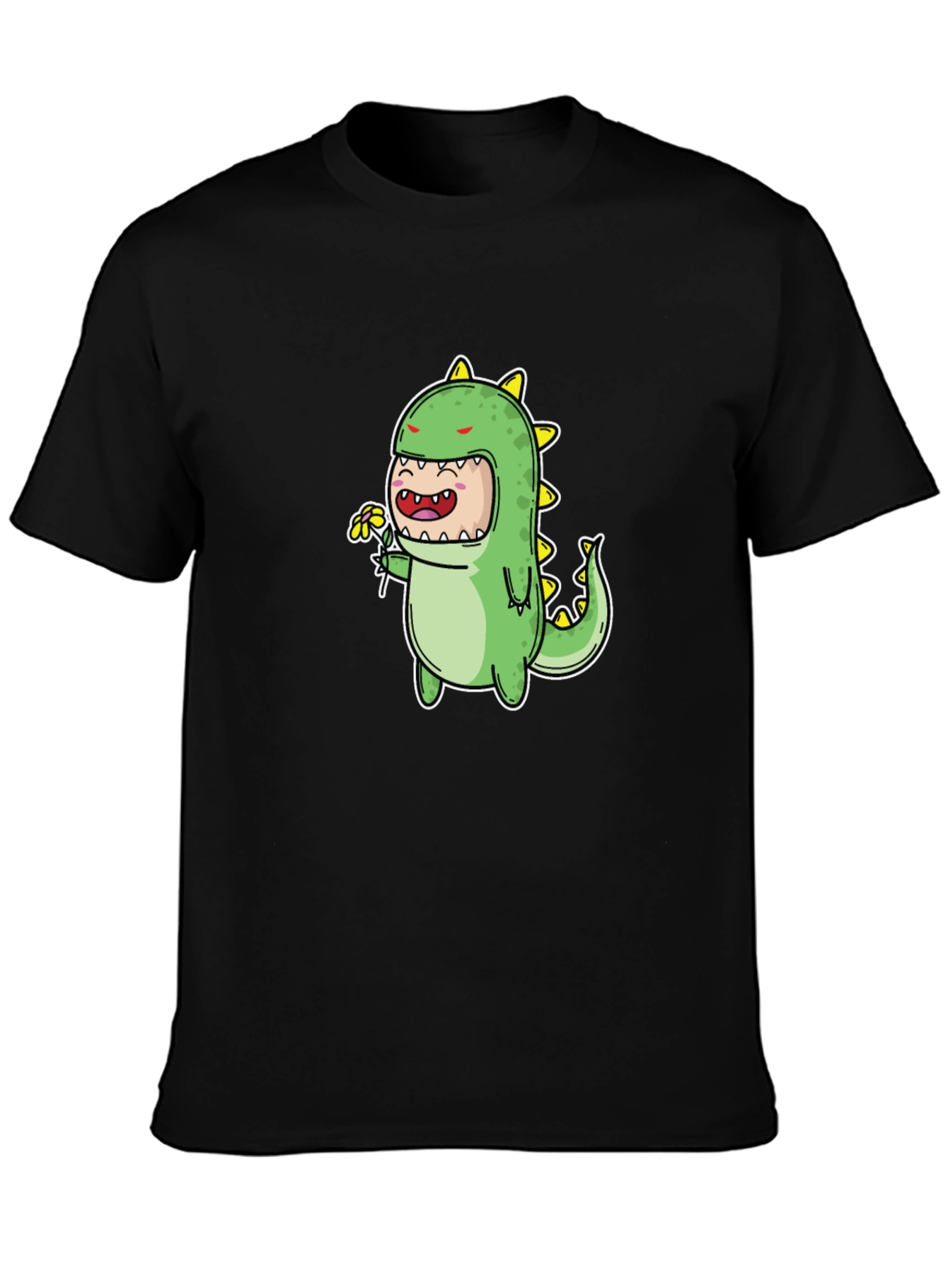 Cute Dino Graphic Tee - Black Cotton Blend T-Shirt