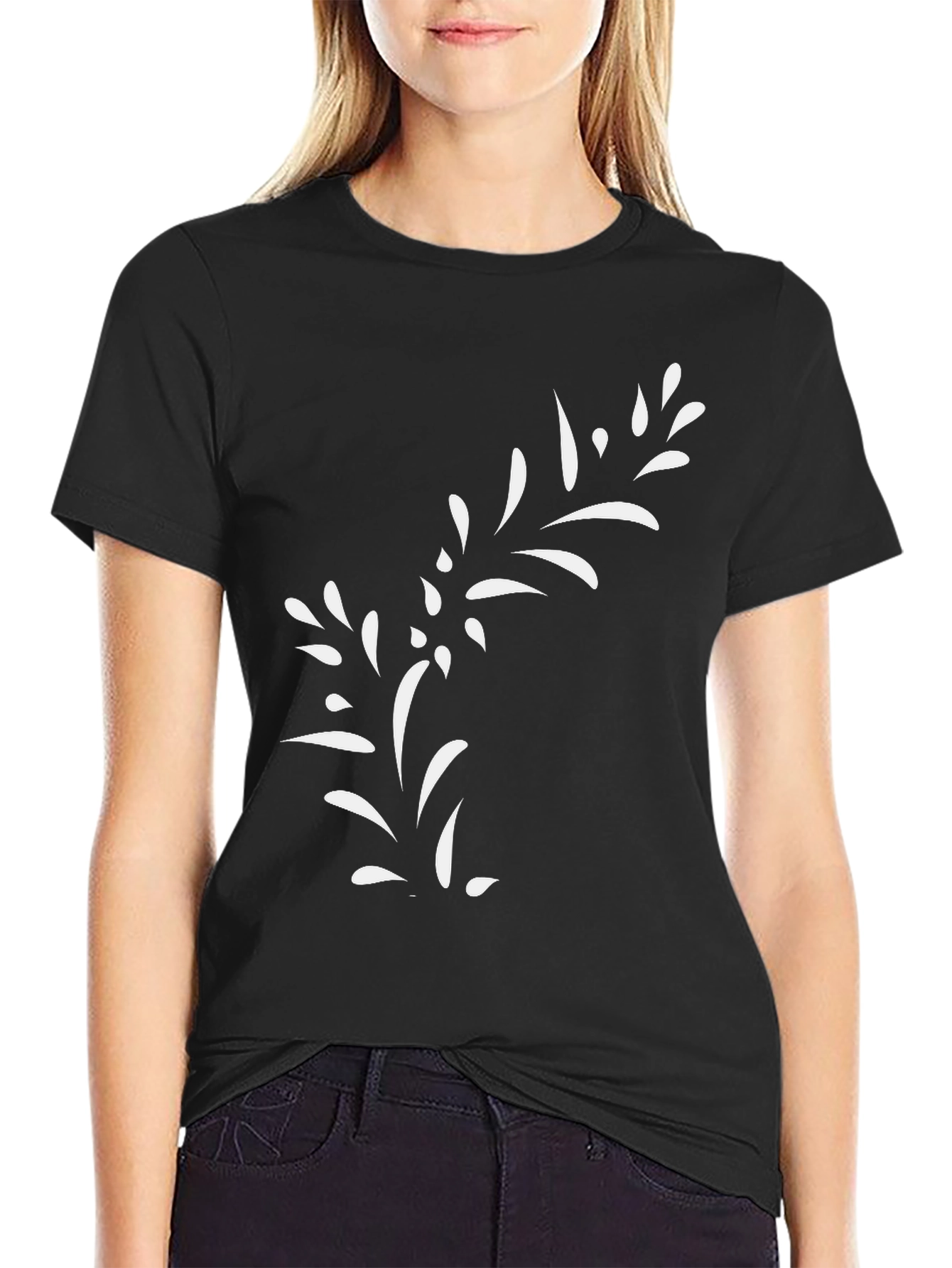 Black T-Shirt with White Floral Design