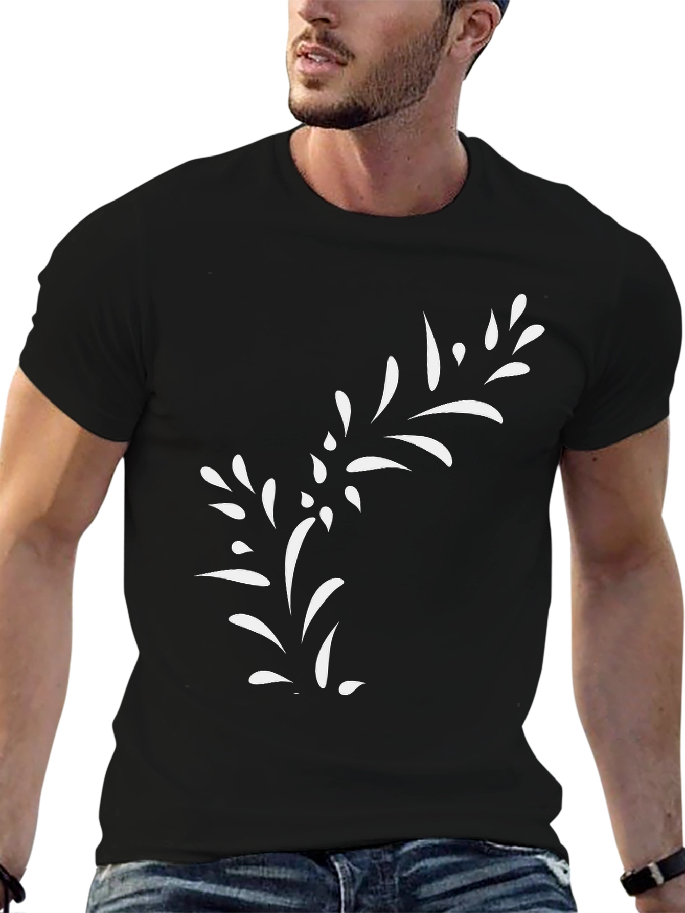 Black T-Shirt with White Floral Design